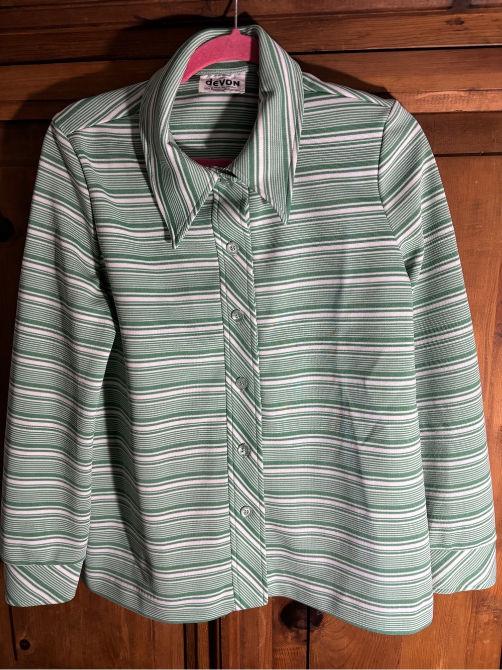 Vintage Dagger Collar Green Striped Women’s Button-Down Shirt